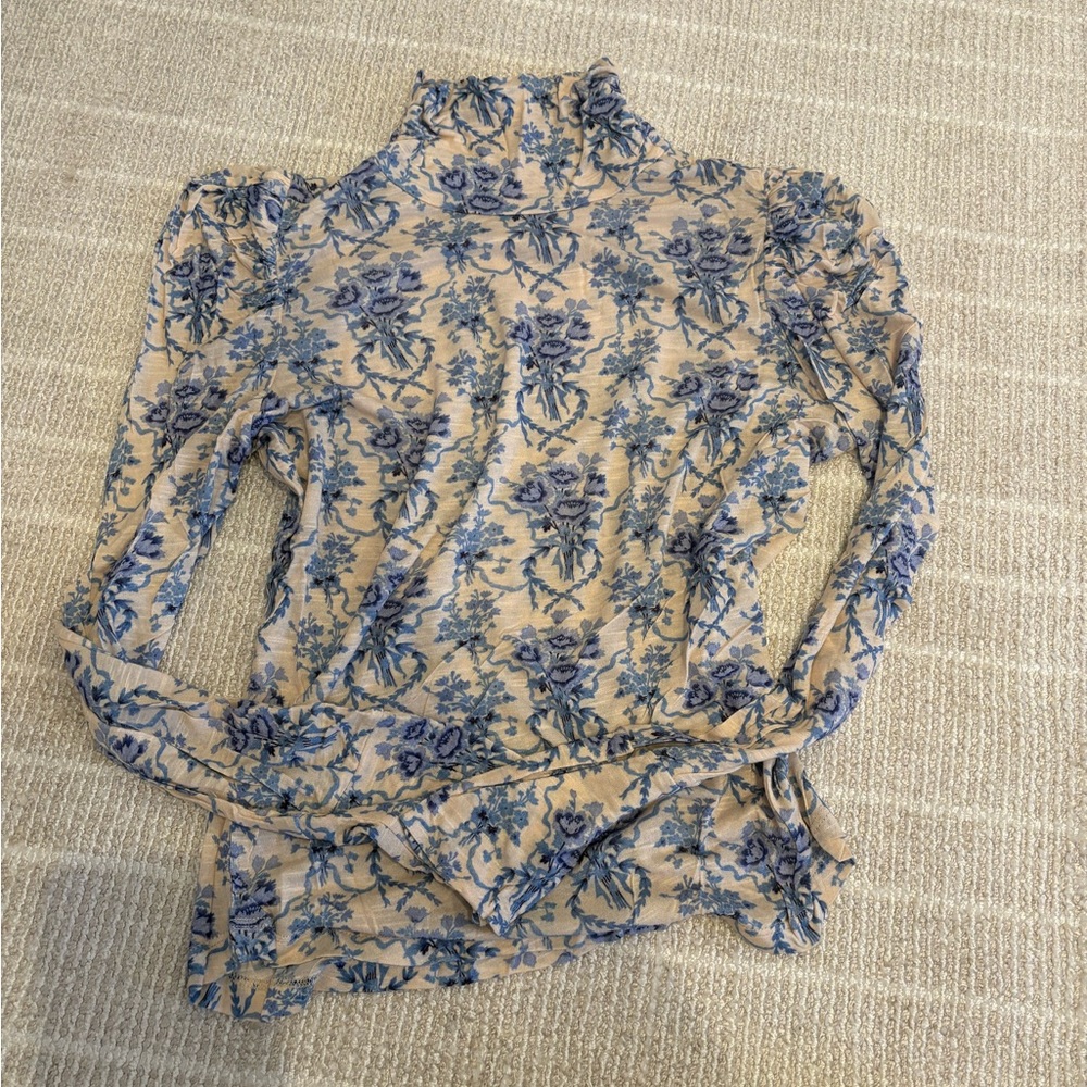 LoveShackFancy Floral Print Blouse in Beige and Blue SizeXS